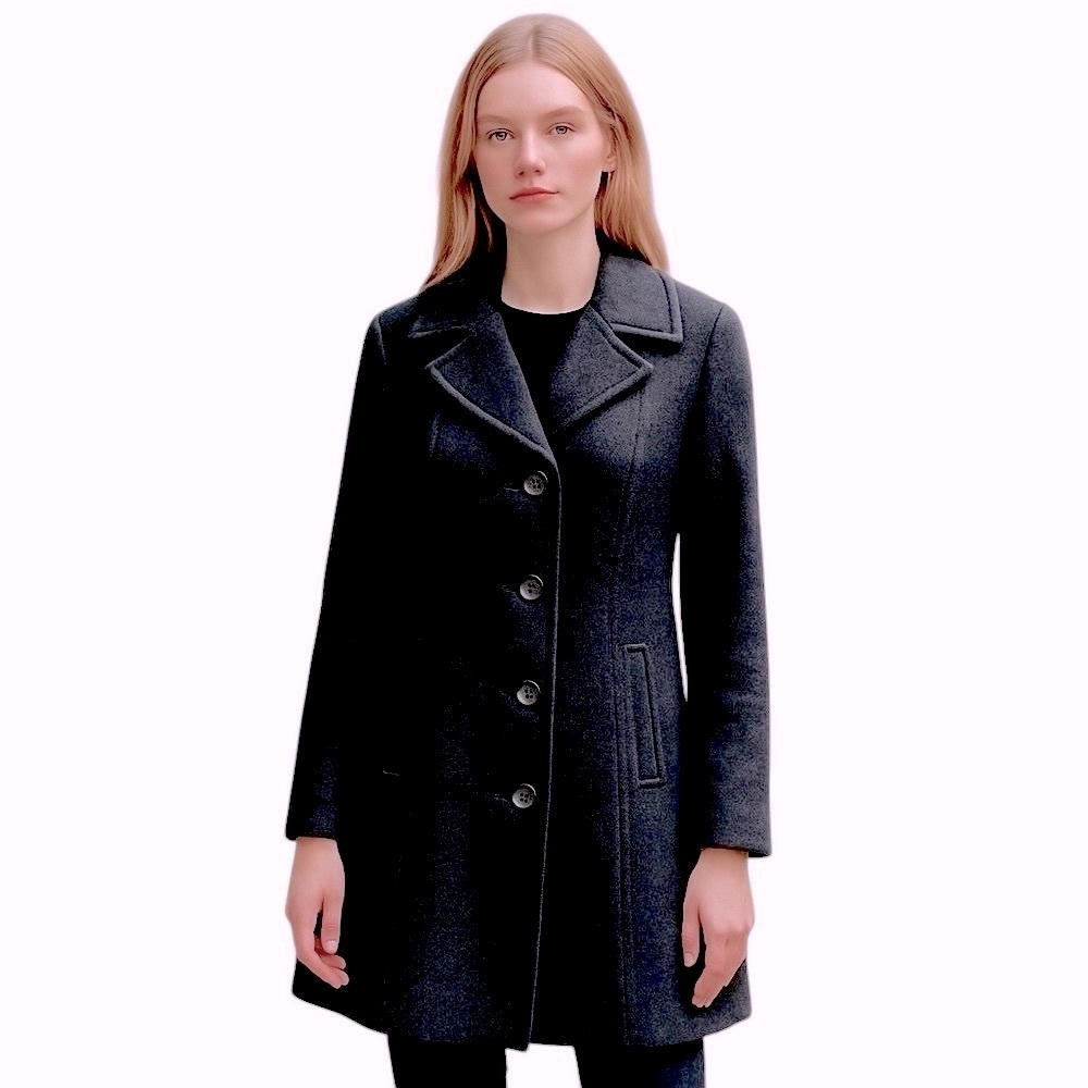 Anne Klein BLACK Single-Breasted Cashmere/Wool Blend Midi Peacoat Size: 8